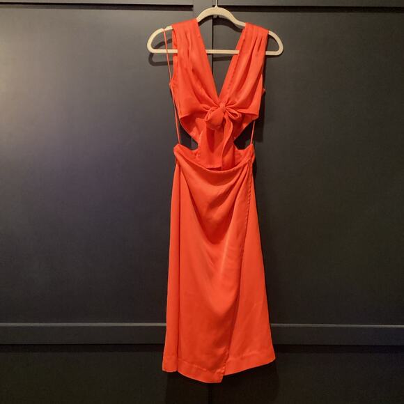 Revolve NICHOLAS Cut Out Tie-Front Orange Sleeveless V neck fitted Midi Dress 2 - Picture 2 of 7